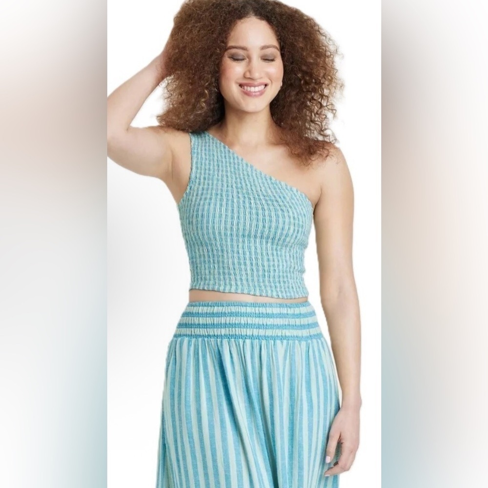 NWT Women's One Shoulder Slim Fit smocked Tank Top - A New Day Blue Striped 2X